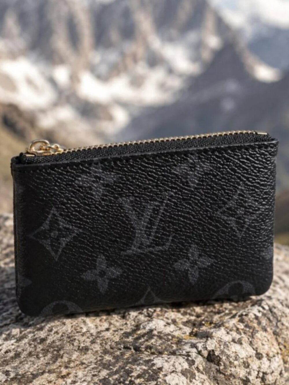 Black Monogram Zip Coin Purse Keychain Wallet New